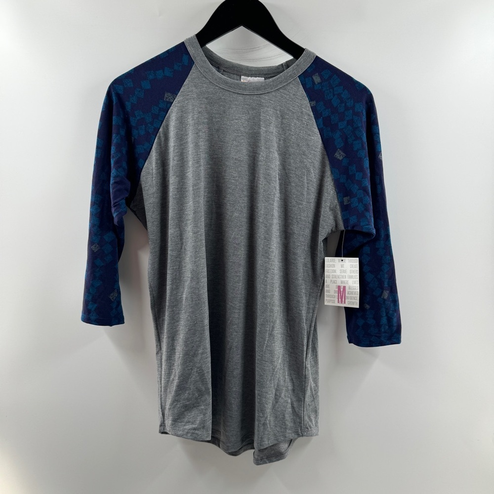 LuLaRoe Randy Top Grey Body Blue Detailed Sleeves Size Medium NWT